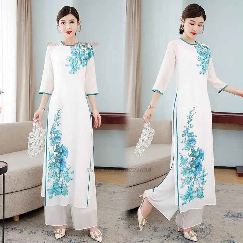 

2023 vietnam ao dai qipao traditional chinese dress qipao cheongsam dress+pants set national flower print chiffon aodai set