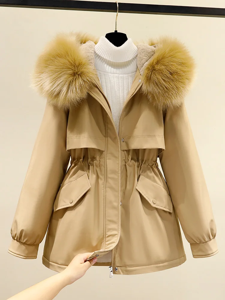 2022 Women's Winter Jacket Students Solid Hooded Large Fur Parkas Drawstring Slim Fashion Warm Coat Female Snow Wear Outwear