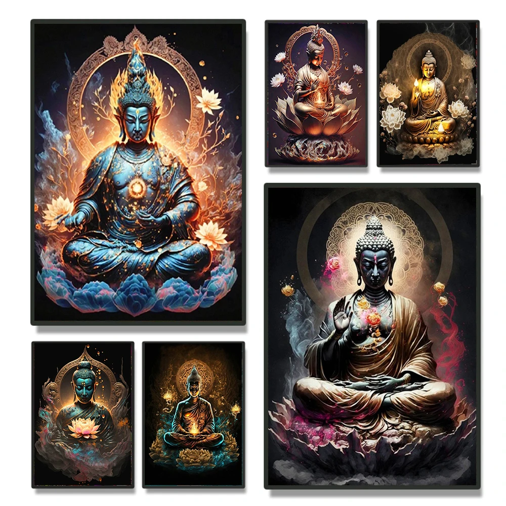 Фантастическая буддистская золотая статуя Будды плакат печать для домашнего
