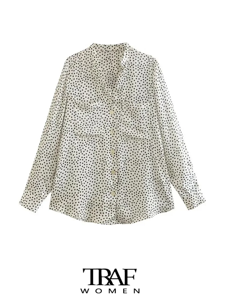 

Блузка Женская атласная в горошек, с длинным рукавом и накладными карманами