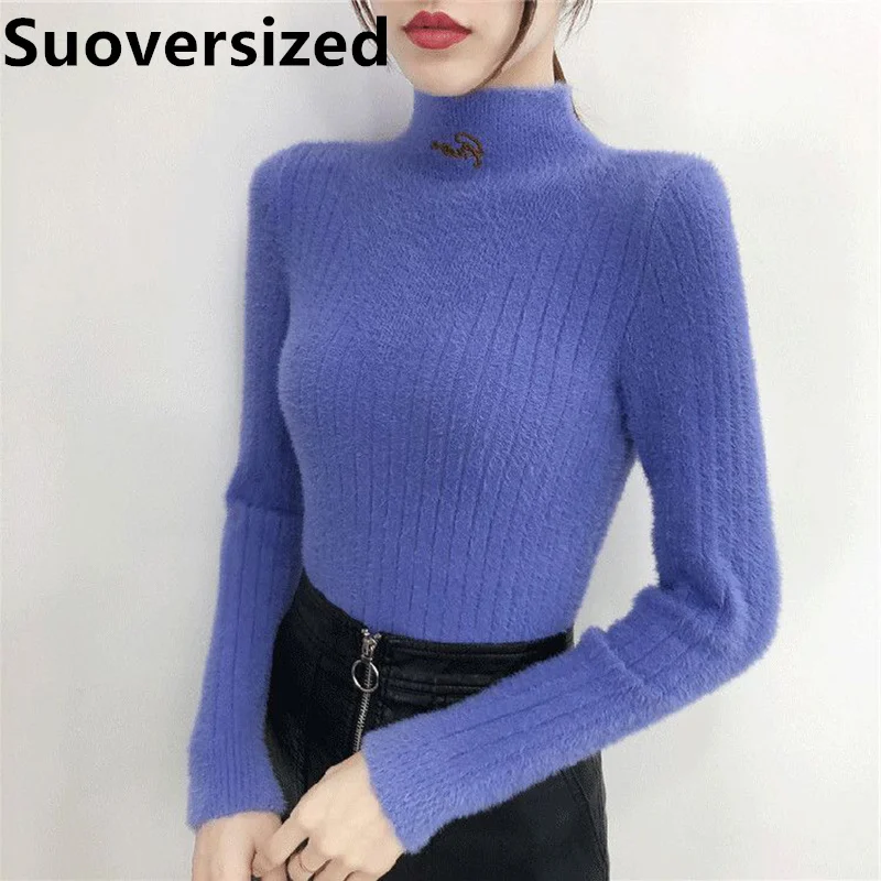 

Winter Mock Neck Imitation Mink Velvet Sweaters For Women Thick Warm Soft Bottomed Pulls Korean Casual Slim Knitted Pullover