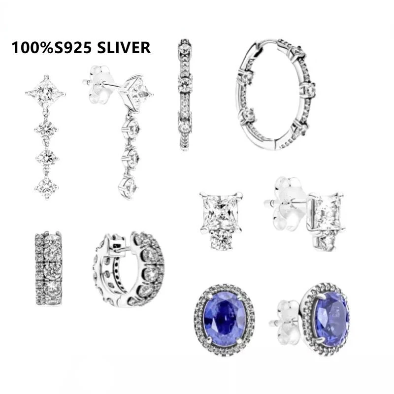 

2022 New Hot Sale 100% S925 Sterling Silver Sapphire Ear Studs Diamonds Earrings Fit Original Pandoraer Bracelet Jewelry
