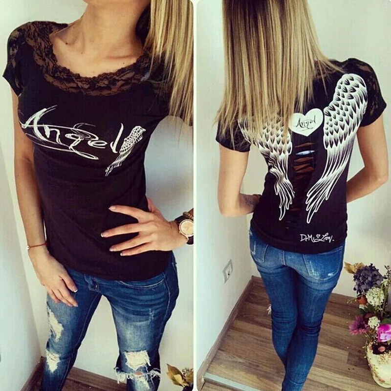

Fashion T-shirt Women's Clothing Oversized Print Summer Black Short Sleeves Tops Casual Kawaii T Shirts Angel Wings Clothes
