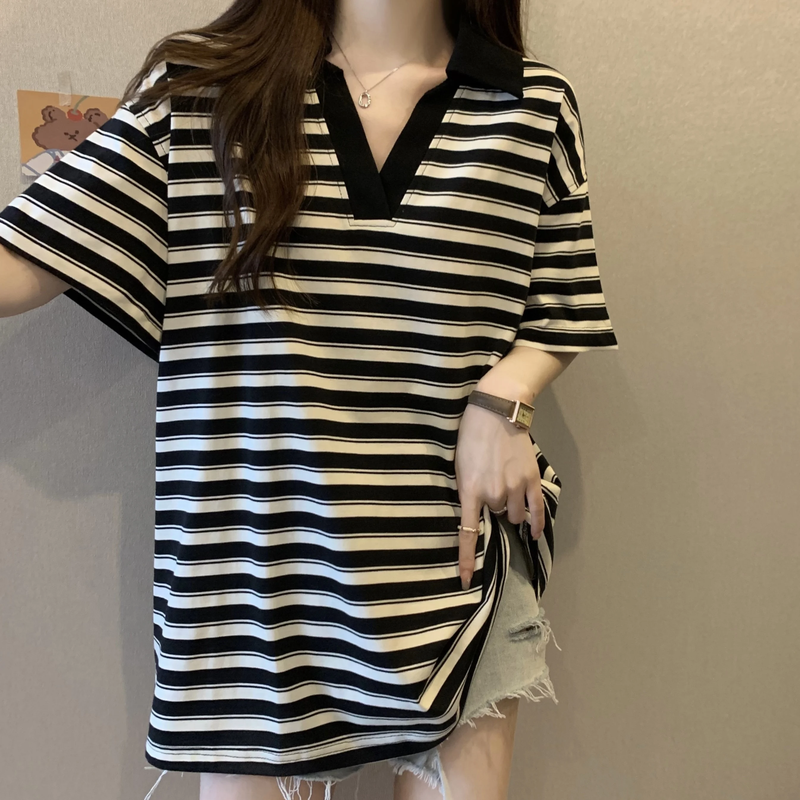 Футболка средней длины в полоску для женщин приталенный воротник поло с коротким