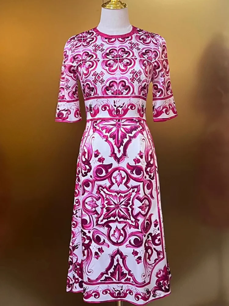 Summer Fashion Runway Women's Silk Short Sleeve High Waist Vintage Print Side Split Knee-Length Dress