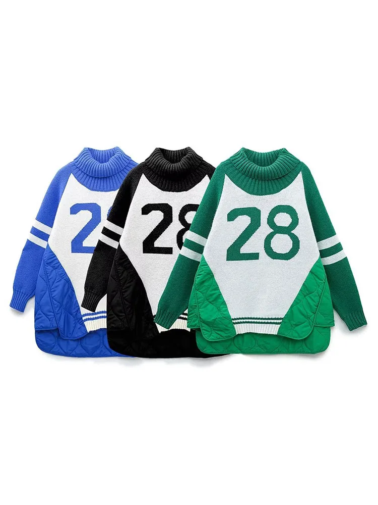 

BSK&ZA&TRF Women 2022 Winter New Fashion number Splicing Asymmetry cotton Coat High Neck Long Sleeve Female Pullovers Chic Tops