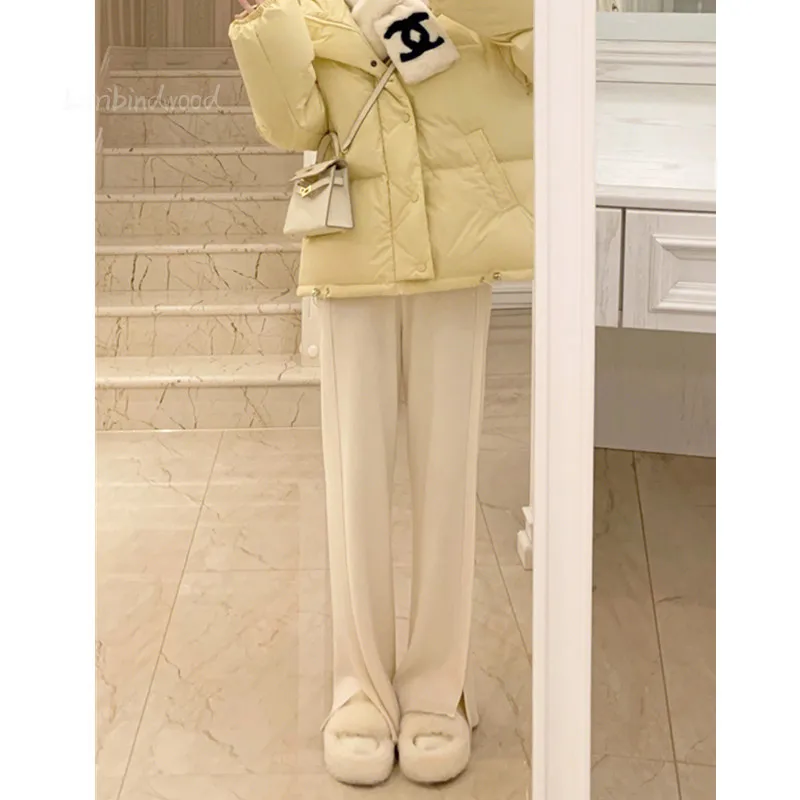 

Slimming Slit Wide Leg Pants Women's Spring and Autumn New High Waist Loose Mop Wool Straight Tube Drop Knit Long Pants