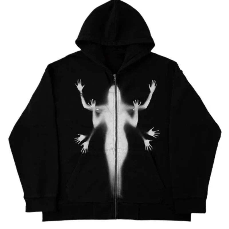 

Новая модная толстовка с капюшоном с длинным рукавом и принтом в стиле пэчворк, свободная толстовка с капюшоном на молнии в готическом стиле для зимы