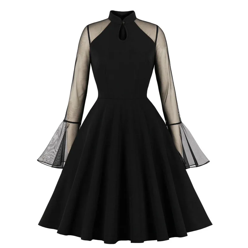 

Black dresses Women Flare Sleeve Mesh Keyhole Elegant Ladies Casual Party Knee Length A Line Skater dress