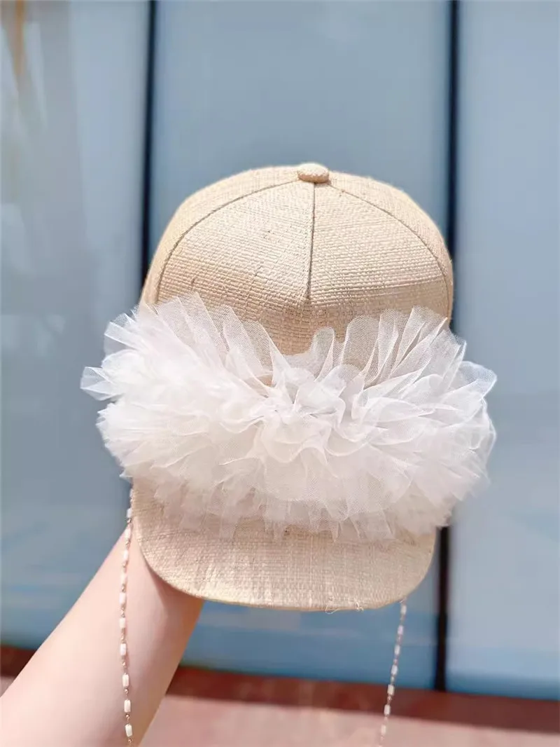 

202306-2508363 шикарная дизайнерская летняя большая кружевная дышащая бейсболка из рафии с цепочкой и кристаллами для женщин