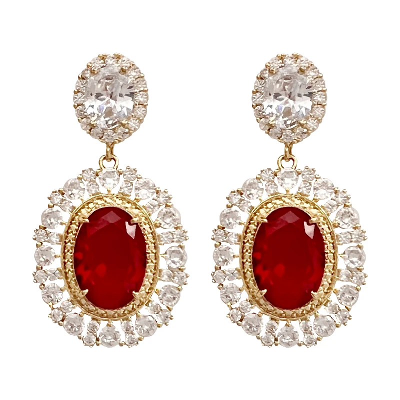 

Huitan Unique Oval Red Cubic Zirconia Drop Earrings Luxury Gold Color Accessories for Women Anniversary Party Statement Jewelry