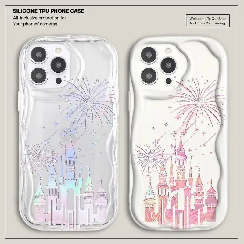 Curly Wave For Phone Case iPhone 15 14 13 Pro Max 12 11 Mini XR XS X 8 7 6 Plus Funda Disney Castle Fireworks