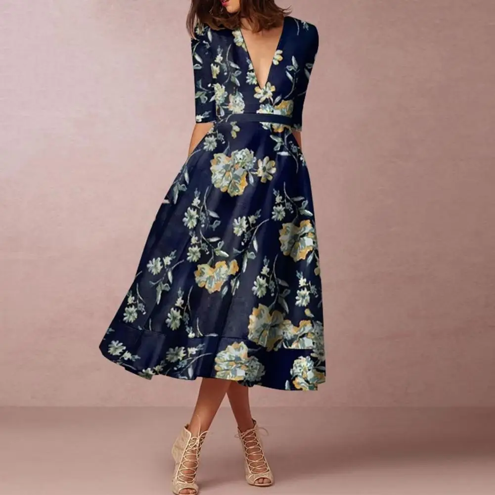 

Chic Vivid Flower Printing Large Hem Women Elegant Long Dress Sweat Absorbing Midi Dress Intellectual for Daily Life