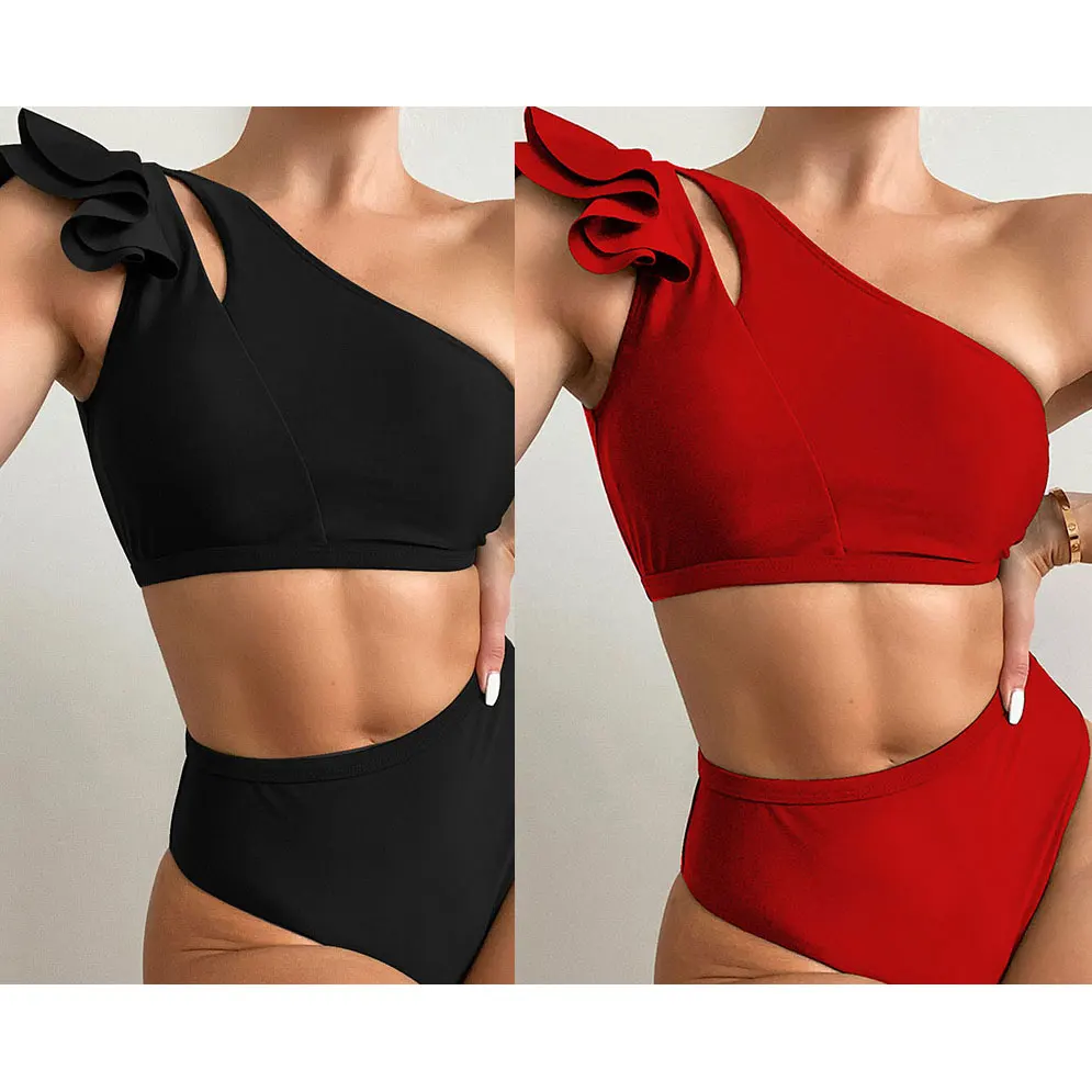 2022 Sexy One Shoulder Bikini Women Solid High Waist Swimsuit Ruffle Swimwear Black Biquini Female Beachwear Bathing Suits