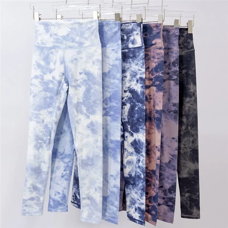 With Logo Align Women Yoga Tight Fit Leggings Tie Dye Sports High Waist Nine Points Pants Running Fitness Elastic Sports Pants
