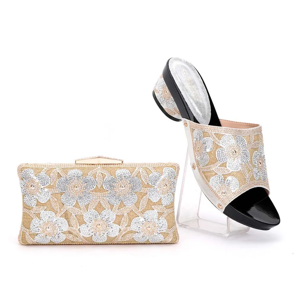 Woman Shoes Rhinestone Style Fashion Slippers Banquet Summer Crystal Africa Shoes and Bags for Nigerian Wedding Parties