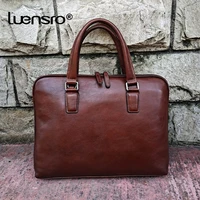 Genuine Leather Vintage Men Handbag Man Briefcase Brown Business Shoulder Crossbody Bag Cowhide Office 14 Inch Laptop Bag Coffee