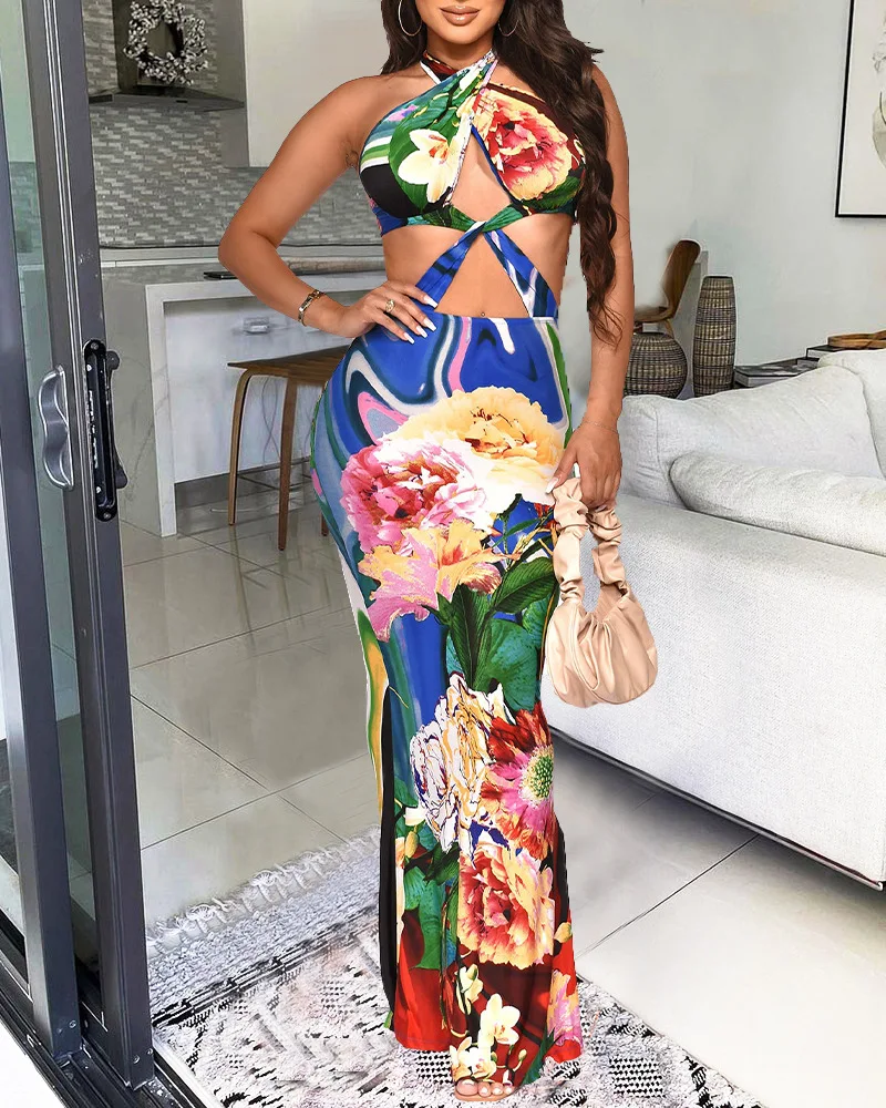 

Evening Party NEW Floral Print Halter Backless Women Long Maxi Dress Sleeveless High Waist Crisscross Cutout Dress