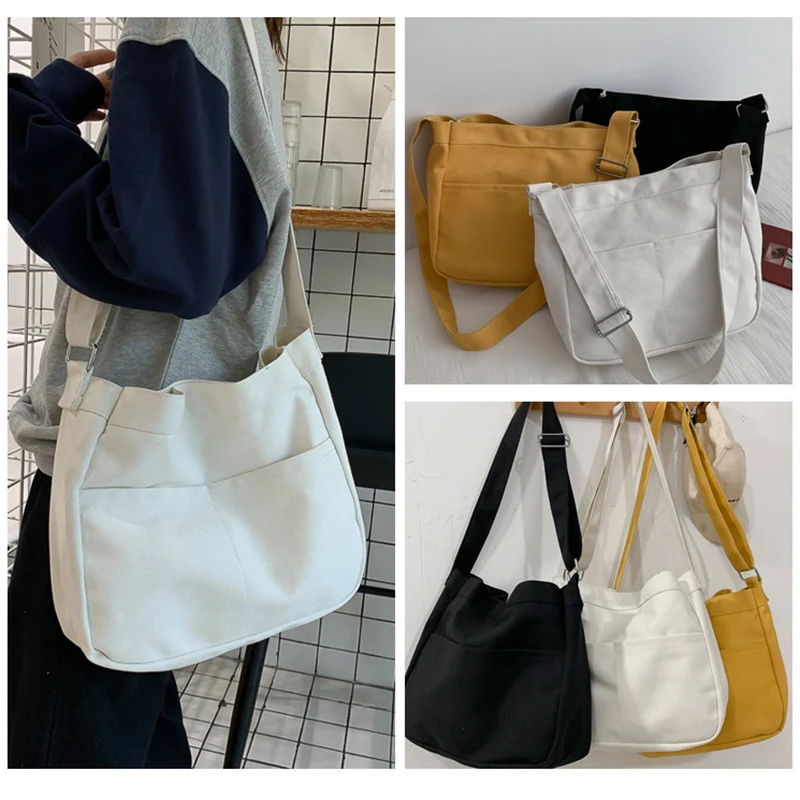Large Capacity Students Canvas Shoulder Bags Female Handbags Korean Satchel Cotton Cloth Crossbody Bag Women 2023 School Bag