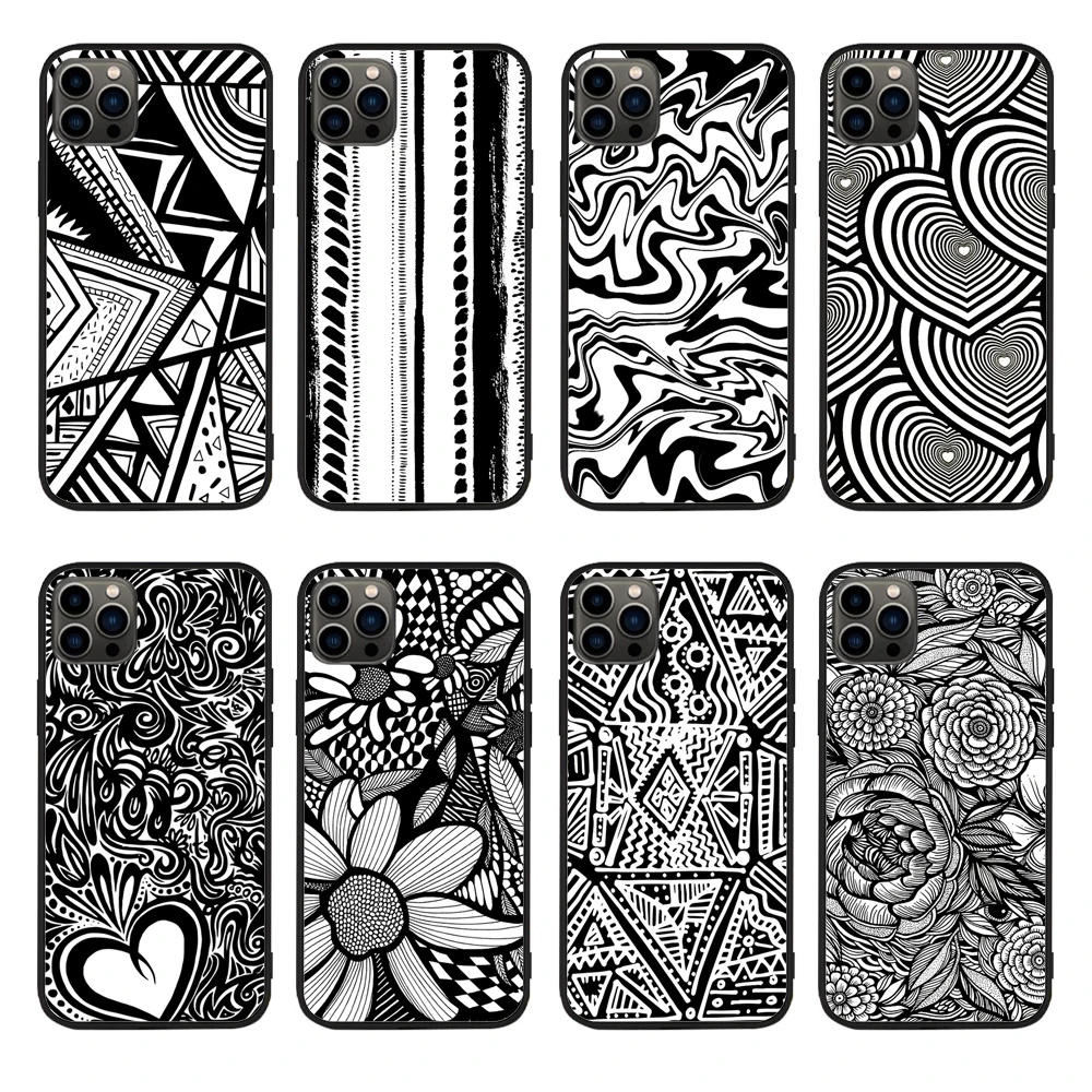 

For iPhone Black And White Doodle Soft TPU border Apple iPhone Case