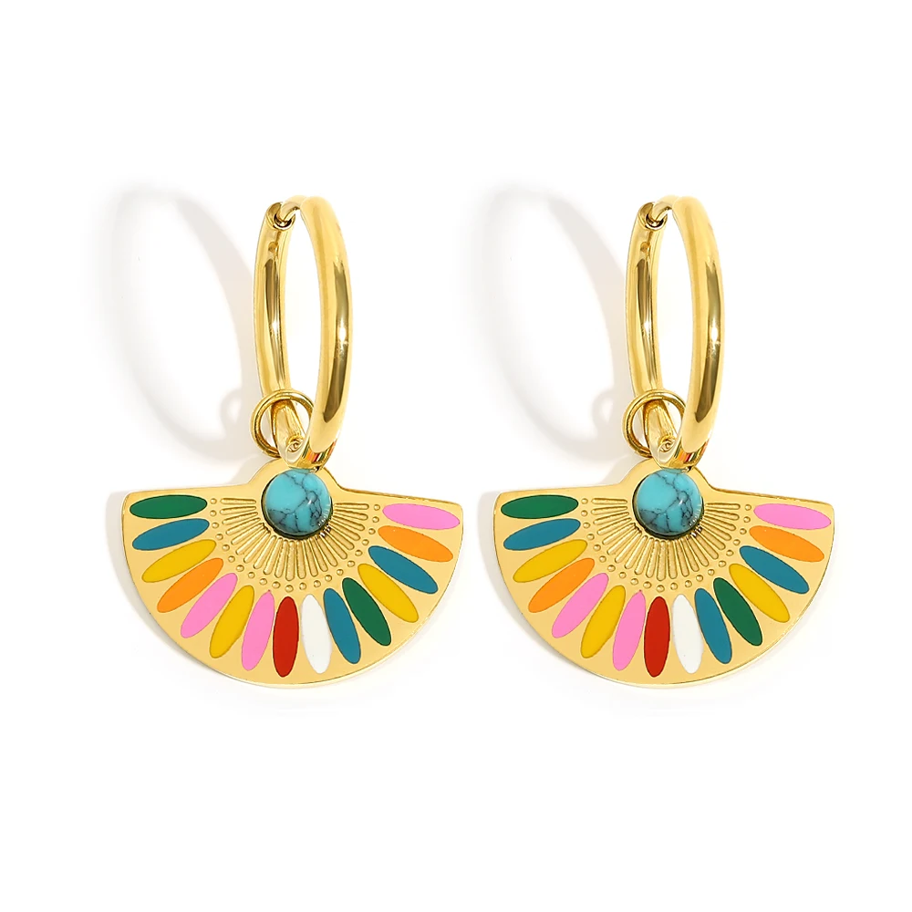 

Y2K Colorful Enamel Fan Hoop Earrings Stainless Steel Bohemian Rainbow Drop Hoop Earrings Women Trendy Fashion Charm Jewelry