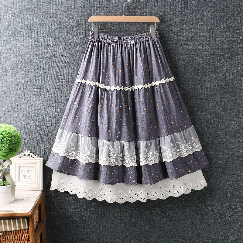 

2022 New Spring Women's Japanese Small Fresh Elastic Waist Lace Stitching Floral Loose Cotton and Linen Skirt