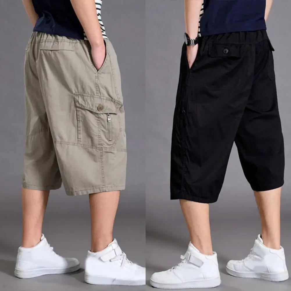 

Solid Color Cropped Pants Breathable Mid-calf Length Men's Summer Cropped Pants with Elastic Waist Multi Pockets for Sport