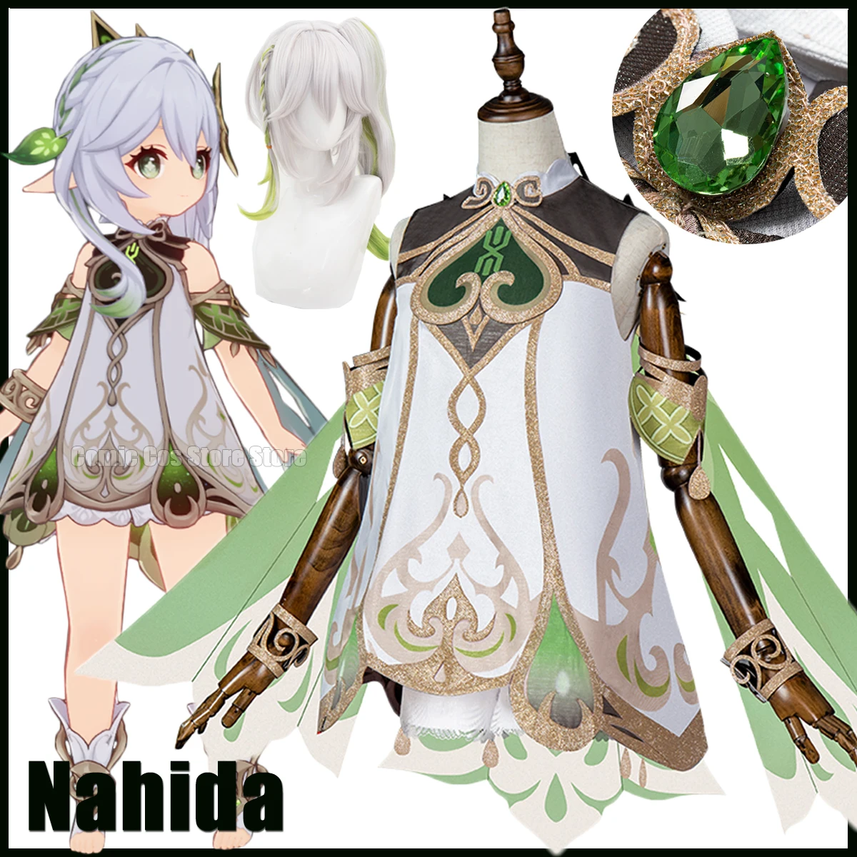 Костюм косплея Nahida из игры Genshin Impact с париком, полный комплект женского бога Sumeru Dendro, включая платье и уши. Синтетические волосы, устойчивые к теплу.