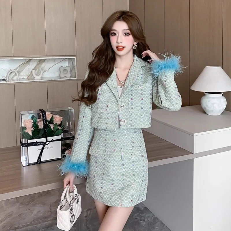 

Luxury Small Fragrant Wind Tweed Two Piece Set For Women Fall Winter Blue Feather Blazer Jacket+Mini Skirt Suits Female Outfits