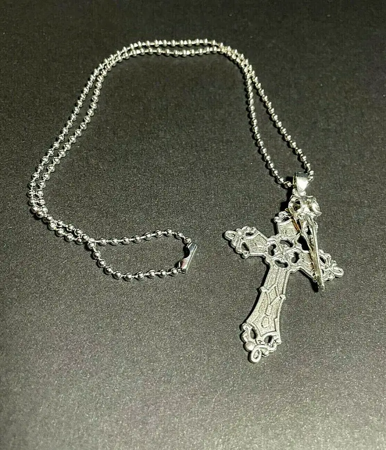 

Gothic necklace with cross and raven skull, gothic necklace