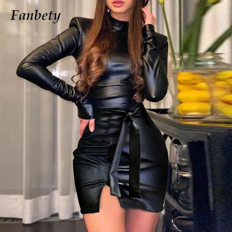 

Женское облегающее платье из искусственной кожи, повседневное облегающее Плиссированное мини-платье в стиле High Street, весеннее праздничное ж...