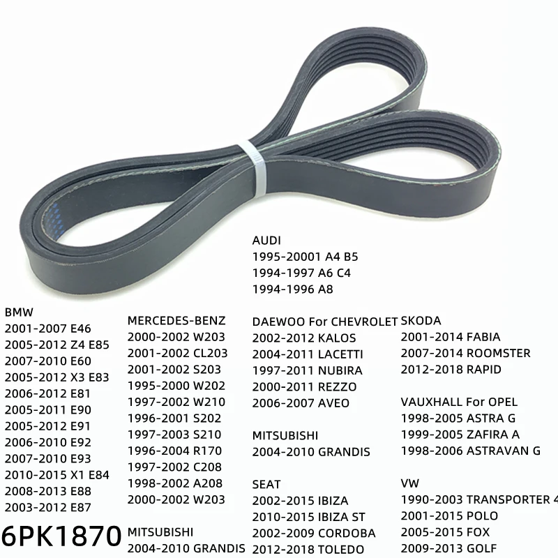 

6PK1870 Engine Air Conditioner Belt V-Ribbed Belts Drive For MERCEDES-BENZ W203 CL203 S203 W202 W210 S202 S210 R170 C208 A208