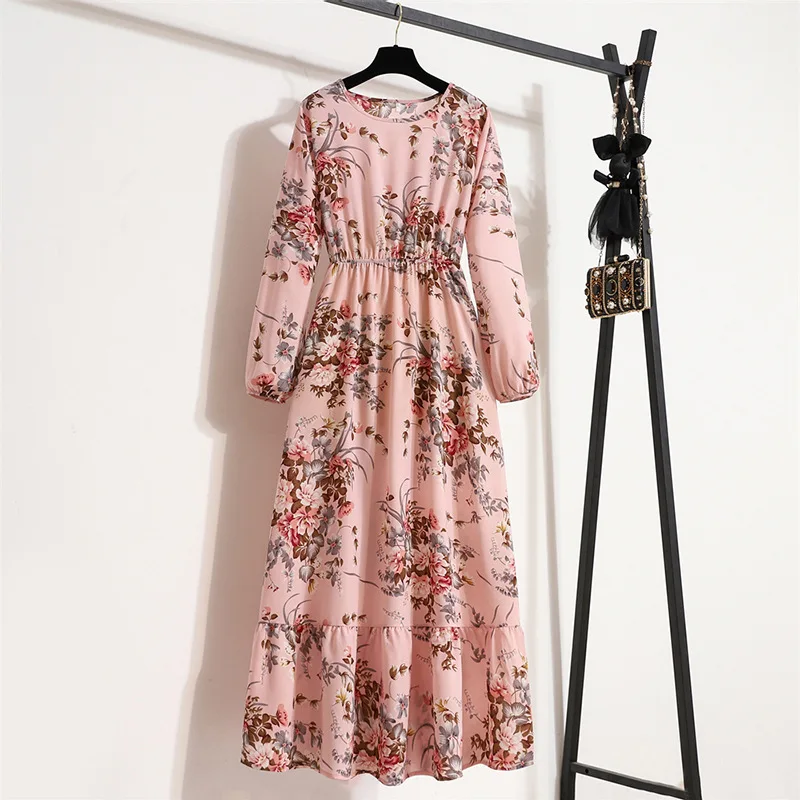 Spring Summer Female Solid Full Sleeve O-neck Casual Dress Women Bohe Party Long Dress Women Muslim Maxi Dresses Dropshipping
