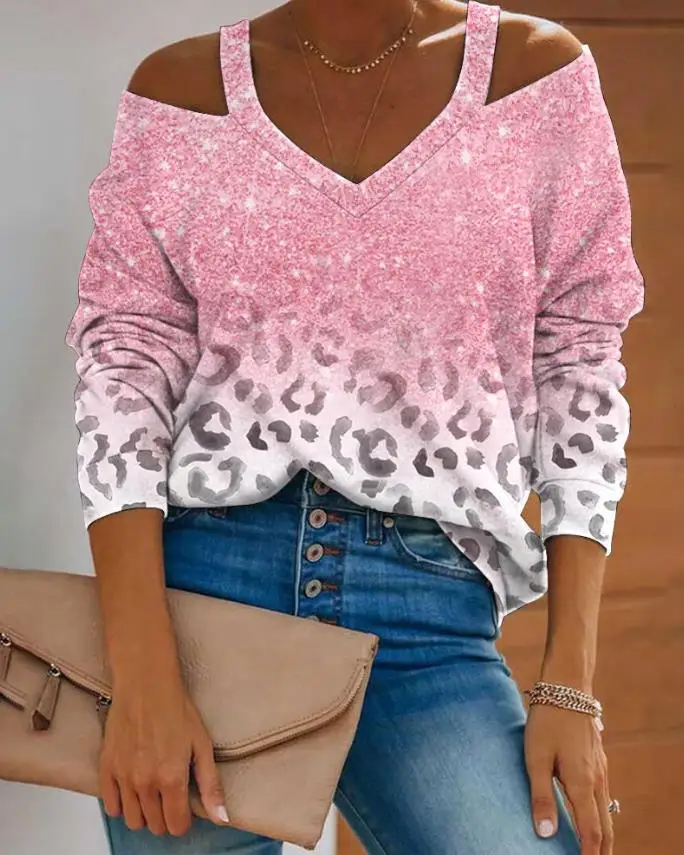 

Spring Autumn Women's Shirt Fashion V-Neck Valentine's Day Leopard Cold Shoulder Top Casual Long Sleeve T-Shirt Versatile Basic