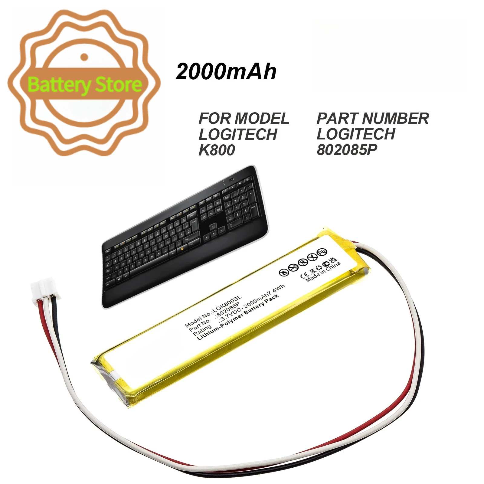 Фото Сменная батарея для клавиатуры Logitech K800 MX KEYS YR0073, 2000 мАч, 3.7В (совместима с 533-000177, 533-000221, 802085P, 533-000141) №1