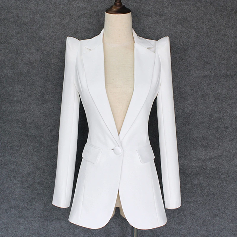 

Women's Shrug Shoulder Single Button White Blazer Jacket