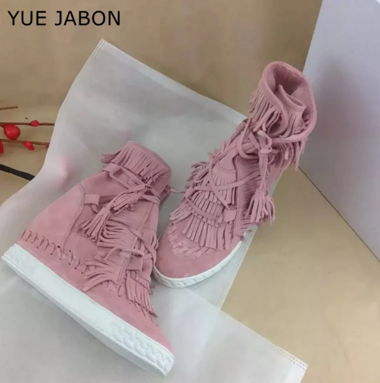 Nude Woman Cow Suede Leather Tassel Ankle Boots Womens Height Increasing High Heels Shoes Female Plus Size Lace up