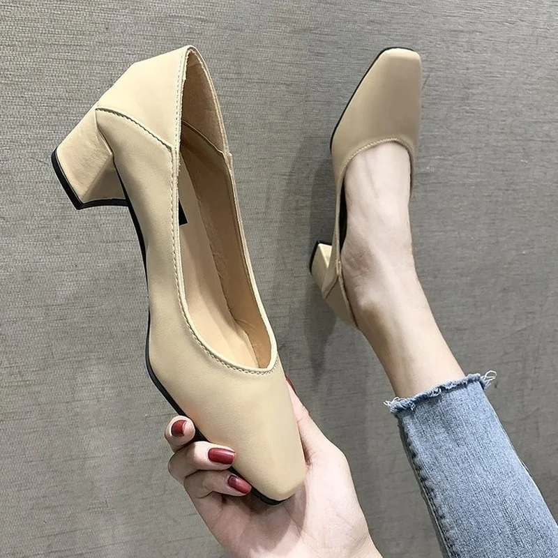 Spring Autumn Blue Women Dress Shoes Square Toe Office Work Shoes Woman Pumps Black Boat Shoes Chunky Heels High Heels Shoes