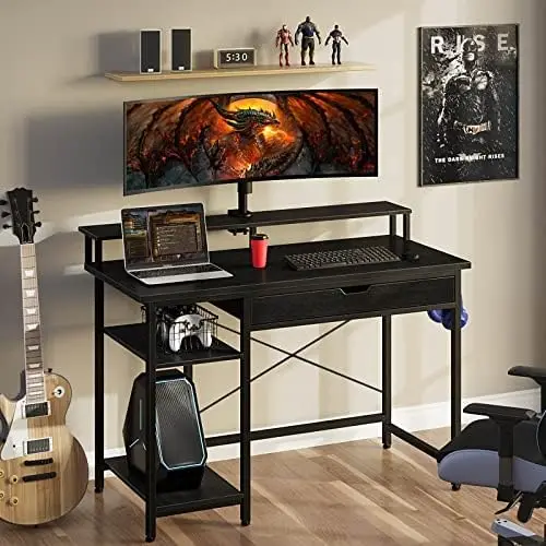 

Desk with Monitor Stand and Drawer, 39" Home Office Writing Desk, Study Table Workstation,Stable Metal Frame (Rustic Brown,