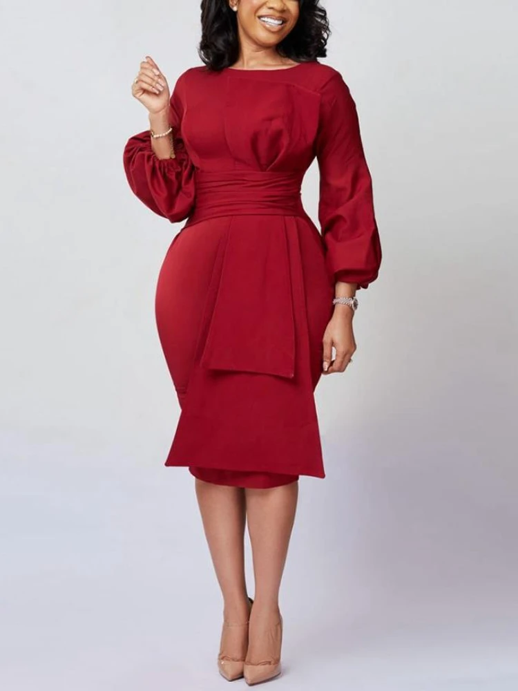 

Elegant Women Long Sleeve Dresses Crew Neck Lantern Sleeve Big Bow Stitching Ruched Slim Dress Office Work Party Church Outfits