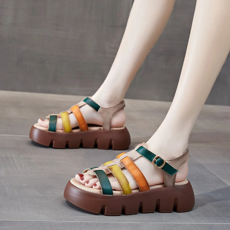 CICIYANG Sandals Women Genuine Leather 2023 Summer New Flat Mother Shoes Non-slip Ladies Beach Shoes Cutout Weave Roman Sandals