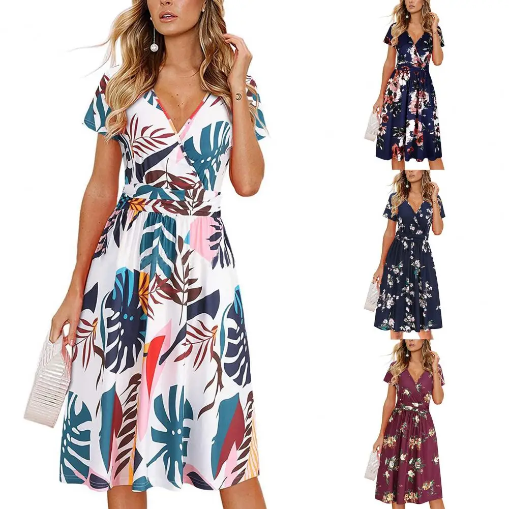 Summer Women's Small Fragmented Flower Dress 2023 Elegant Women's Fashion Print Short Sleeve V-Neck Elastic Waist Dress Vestidos