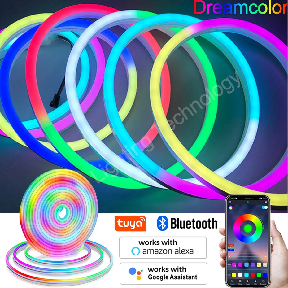 12V LED Neon Strip Light Dreamcolor RGBIC Soft Flexible LED Strip Light WS2811 Dimmable RGB Chasing Tape Remote/Bluetooth/WiFi