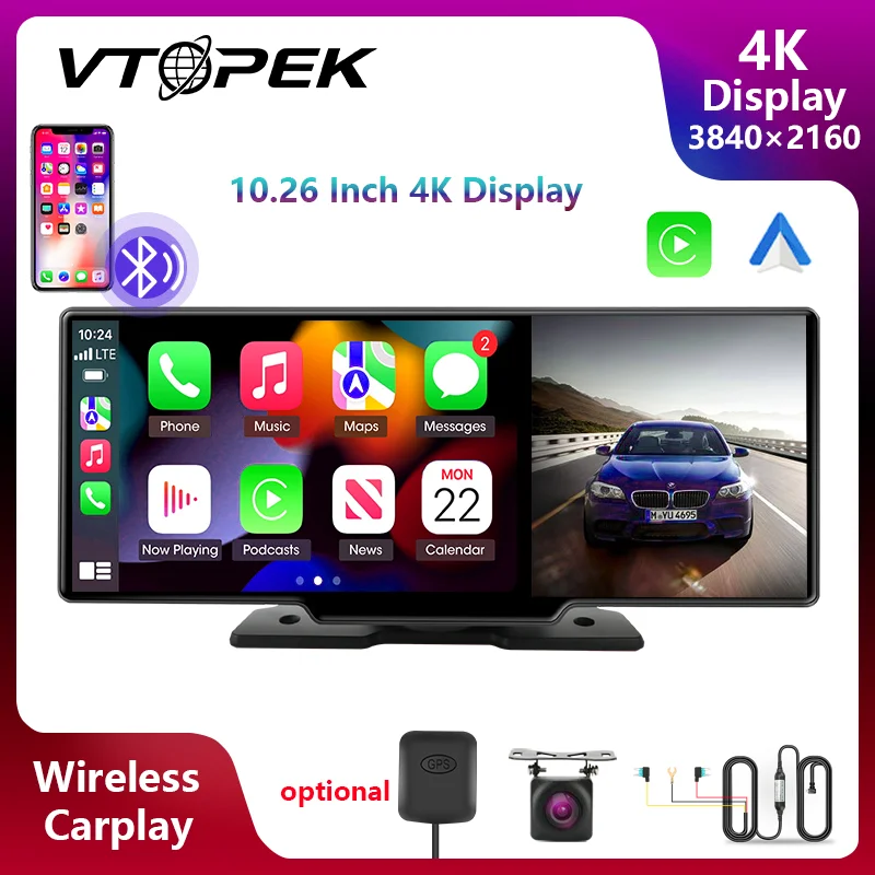 Автомобильный видеорегистратор Vtopek, 10,26 дюйма, 4K, с двумя объективами