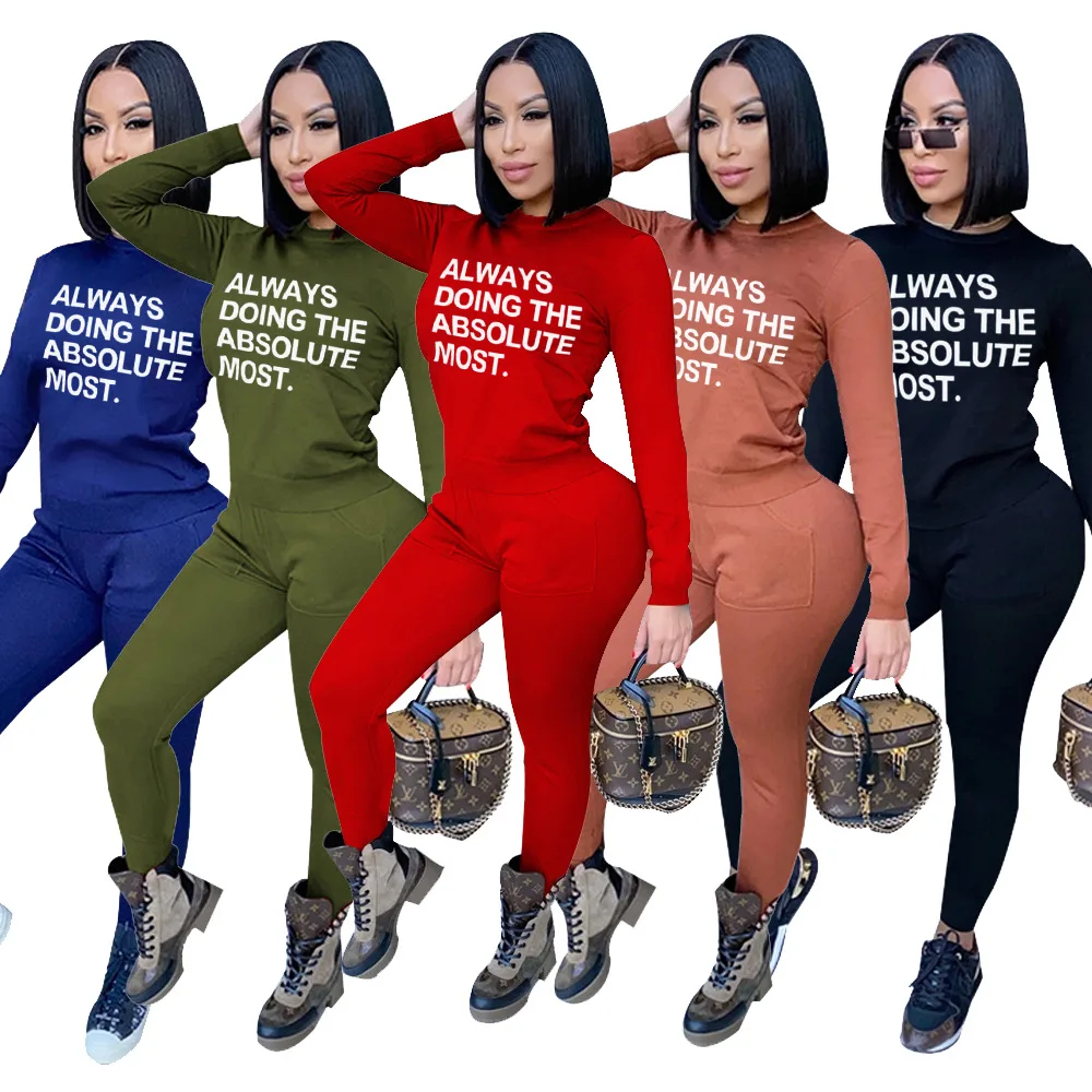

New Fashion Long Sleeve Sweatshirts Solid Color Pant Set Slim Women Sexy Jumpsuits