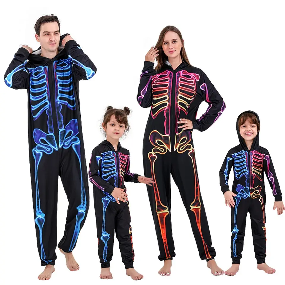 Halloween Girls Boys Black Skeleton Costume Women Men Hooded Ghost Pajamas Carnival Party Vampire Onesies Family Matching Outfit