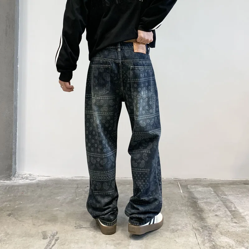 Джинсы с принтом пейсли мужские свободные прямые брюки 2024 осенняя уличная мода в