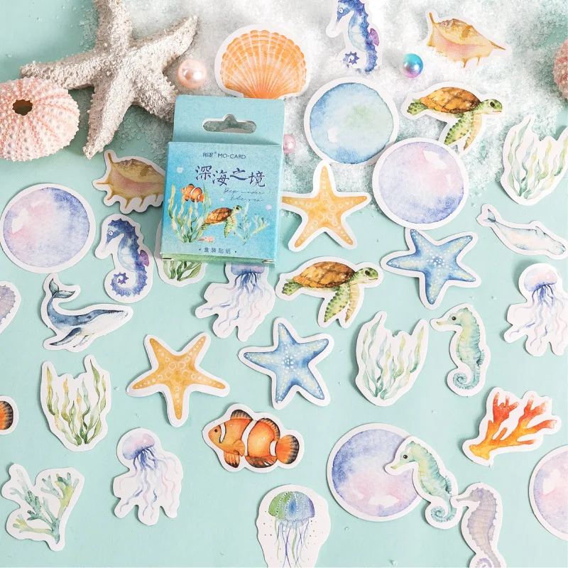 

46pcs Deep Sea Realm Decoration Boxed Stickers Ocean marine life World Cute Animals Label DIY Diary Scrapbook Stationery