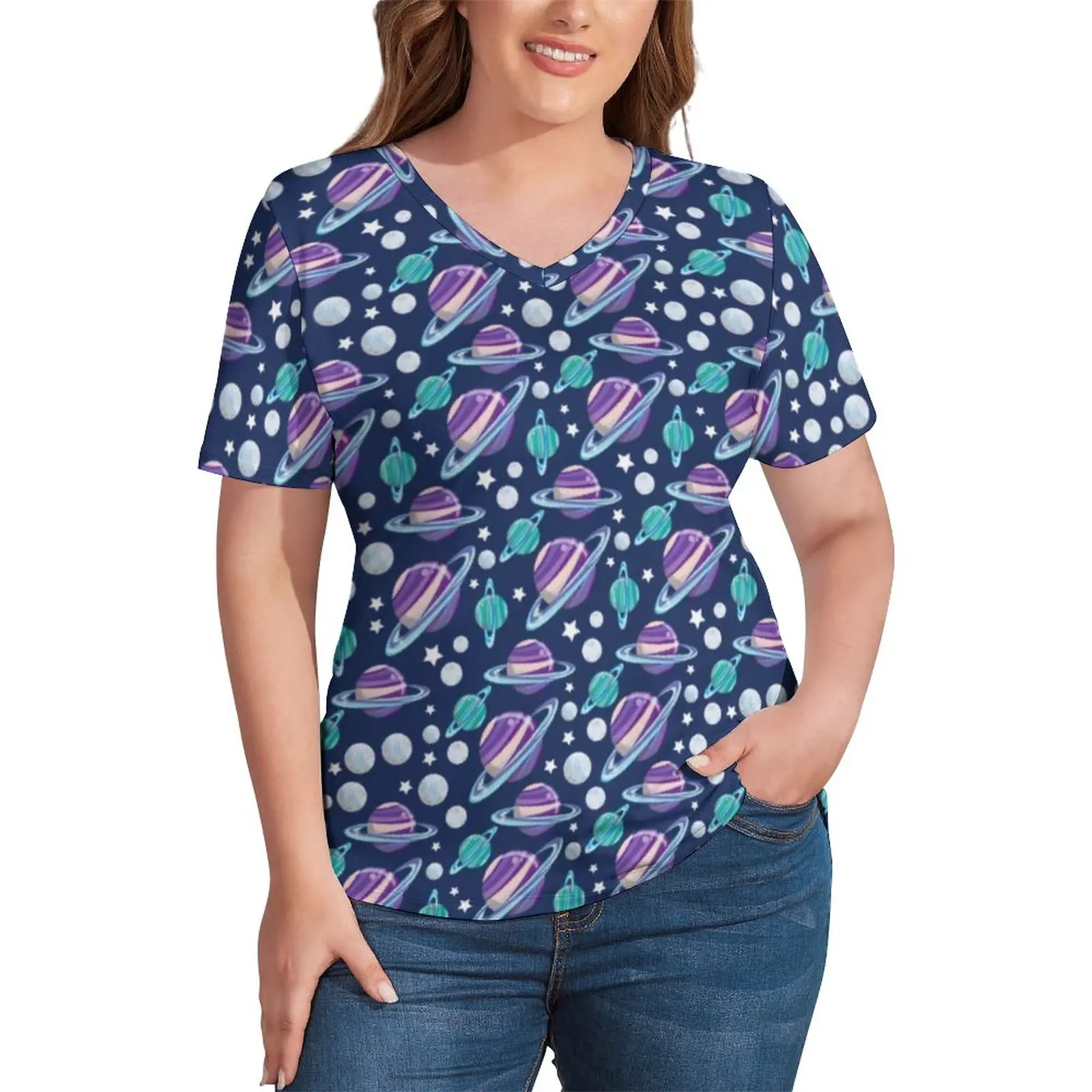 

Galaxy Moon T-Shirt Space Planets Print Kawaii T-Shirts V Neck Short Sleeve Graphic Tops Women Casual Clothes Plus Size 3XL 4XL