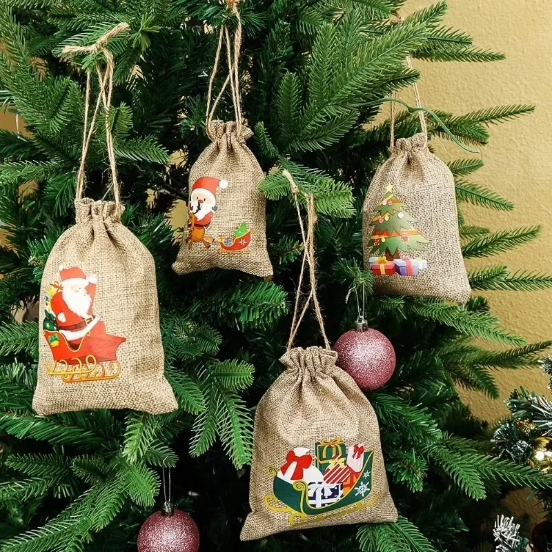1/30PCS Christmas Linen Drawstring Bags Candy Biscuits Pouchs Burlap Bracelet Jewelry Storage Bag Xmas Kids Gifts Packaging